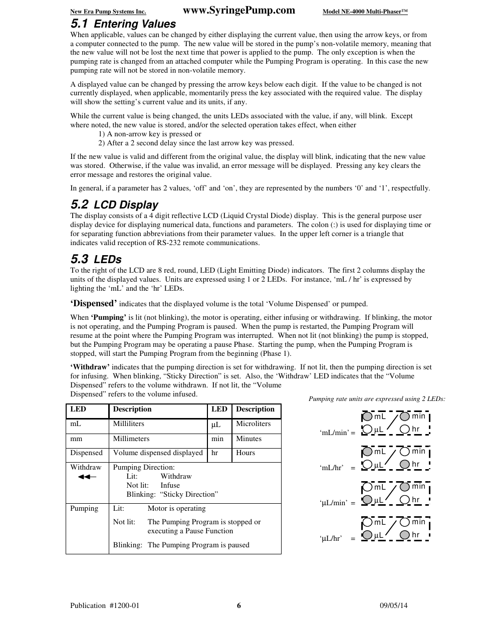 Entering values, Lcd display, Leds | New Era NE-4000 Multi-Phaser Programmable Double Syringe User Manual | Page 11 / 53