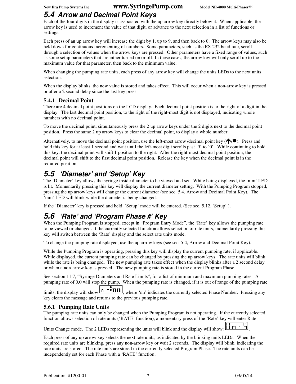 Arrow and decimal point keys, Diameter’ and ‘setup’ key, Rate’ and ‘program phase #’ key | New Era NE-4000 Multi-Phaser Programmable Double Syringe User Manual | Page 12 / 53