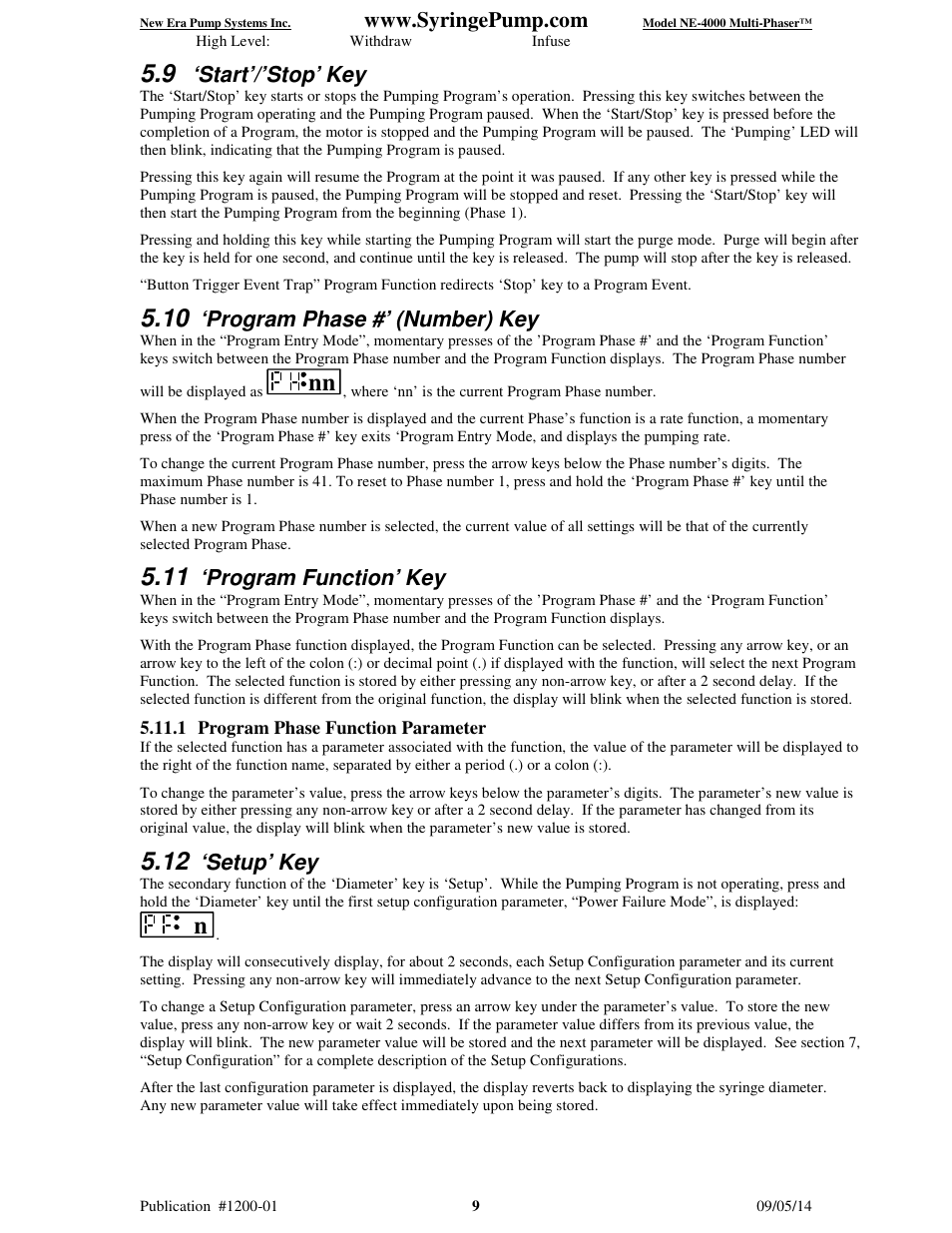 Start’/’stop’ key, Program phase #’ (number) key, Program function’ key | Setup’ key | New Era NE-4000 Multi-Phaser Programmable Double Syringe User Manual | Page 14 / 53