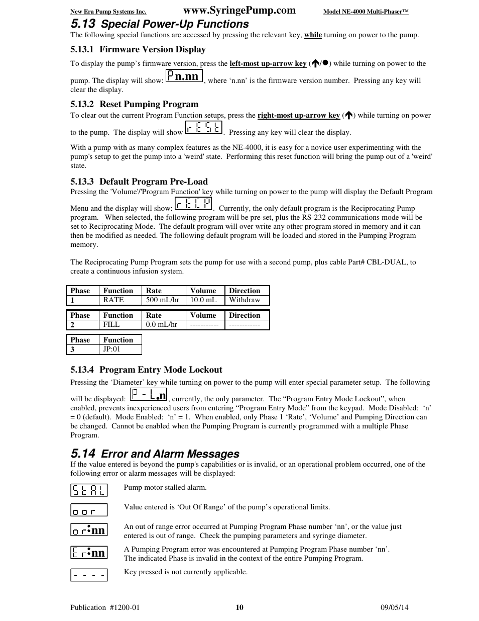 N.nn, Special power-up functions, Error and alarm messages | New Era NE-4000 Multi-Phaser Programmable Double Syringe User Manual | Page 15 / 53