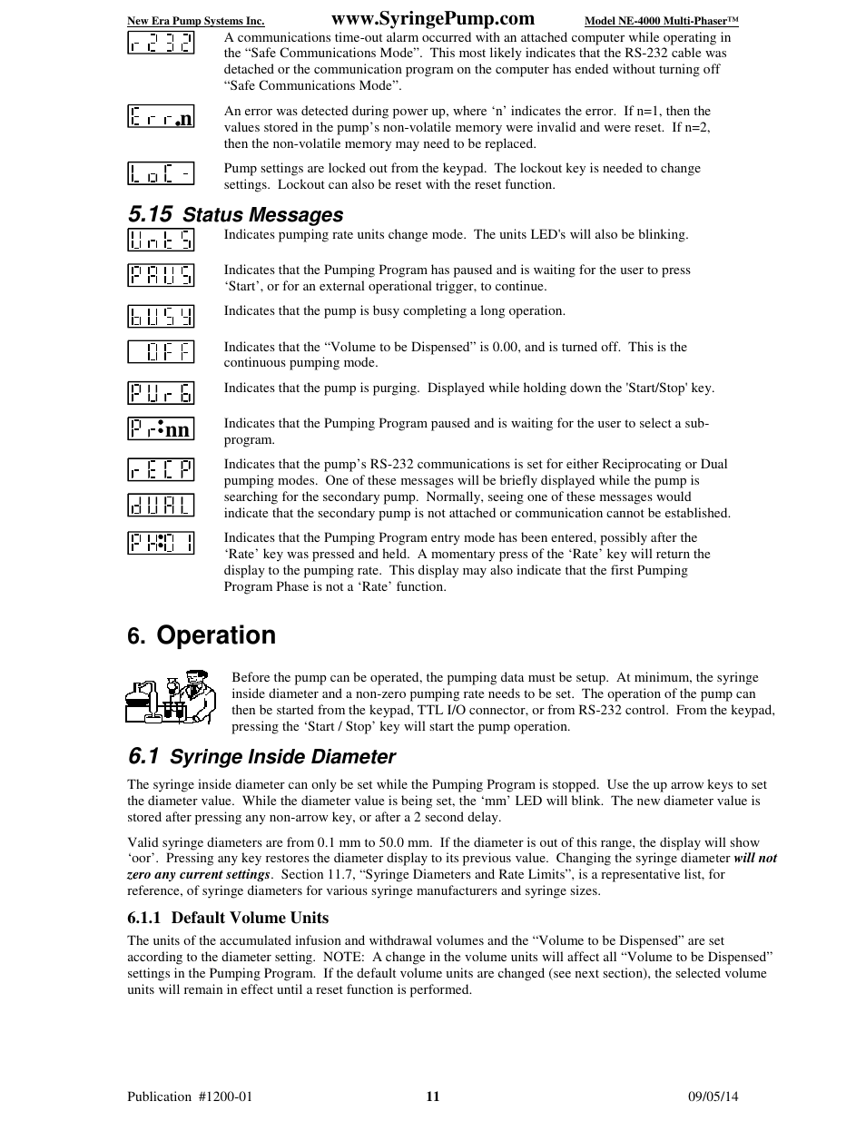 Operation, Status messages, Syringe inside diameter | New Era NE-4000 Multi-Phaser Programmable Double Syringe User Manual | Page 16 / 53