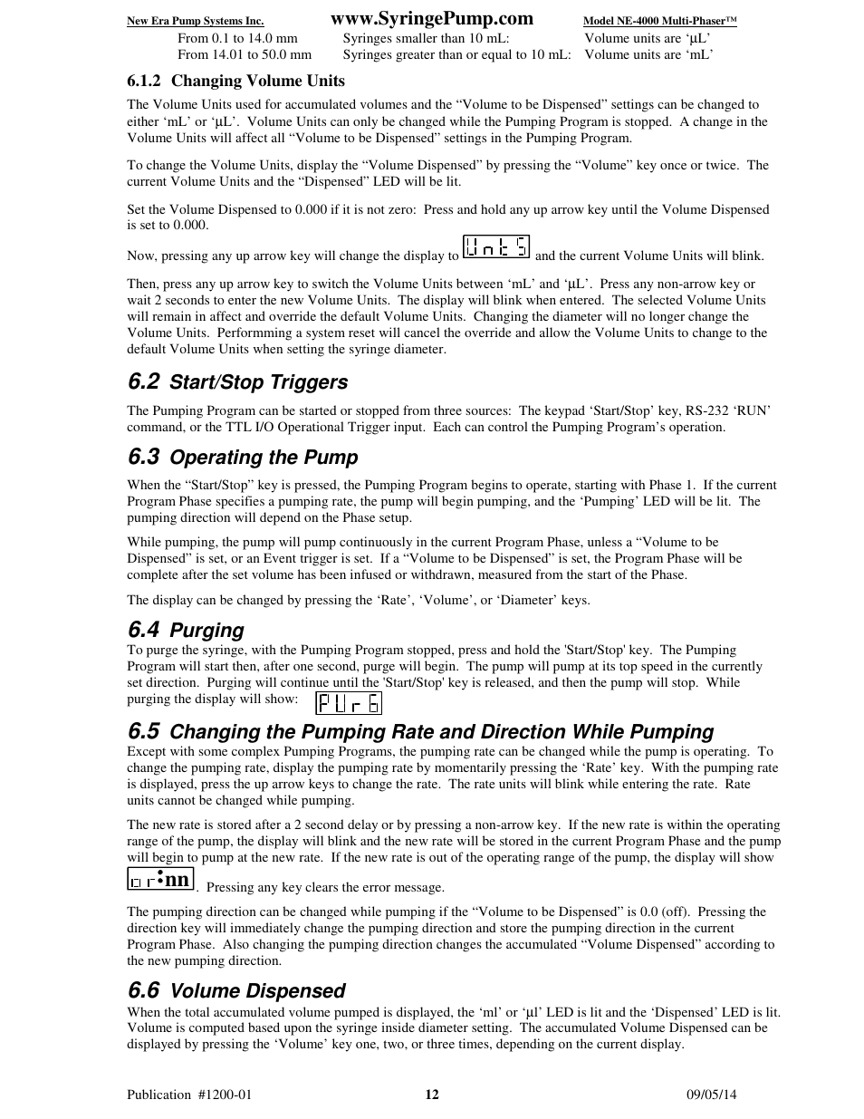 Start/stop triggers, Operating the pump, Purging | Volume dispensed | New Era NE-4000 Multi-Phaser Programmable Double Syringe User Manual | Page 17 / 53