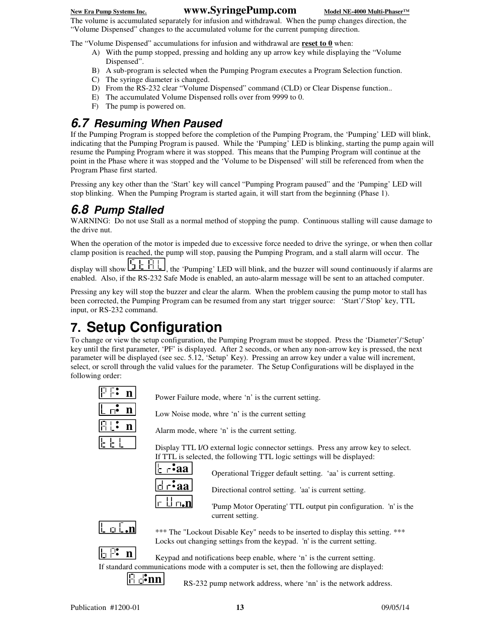 Setup configuration, Resuming when paused, Pump stalled | New Era NE-4000 Multi-Phaser Programmable Double Syringe User Manual | Page 18 / 53