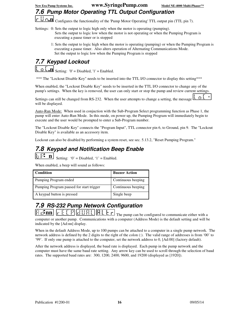 Pump motor operating ttl output configuration, Keypad lockout, Keypad and notification beep enable | Rs-232 pump network configuration | New Era NE-4000 Multi-Phaser Programmable Double Syringe User Manual | Page 21 / 53