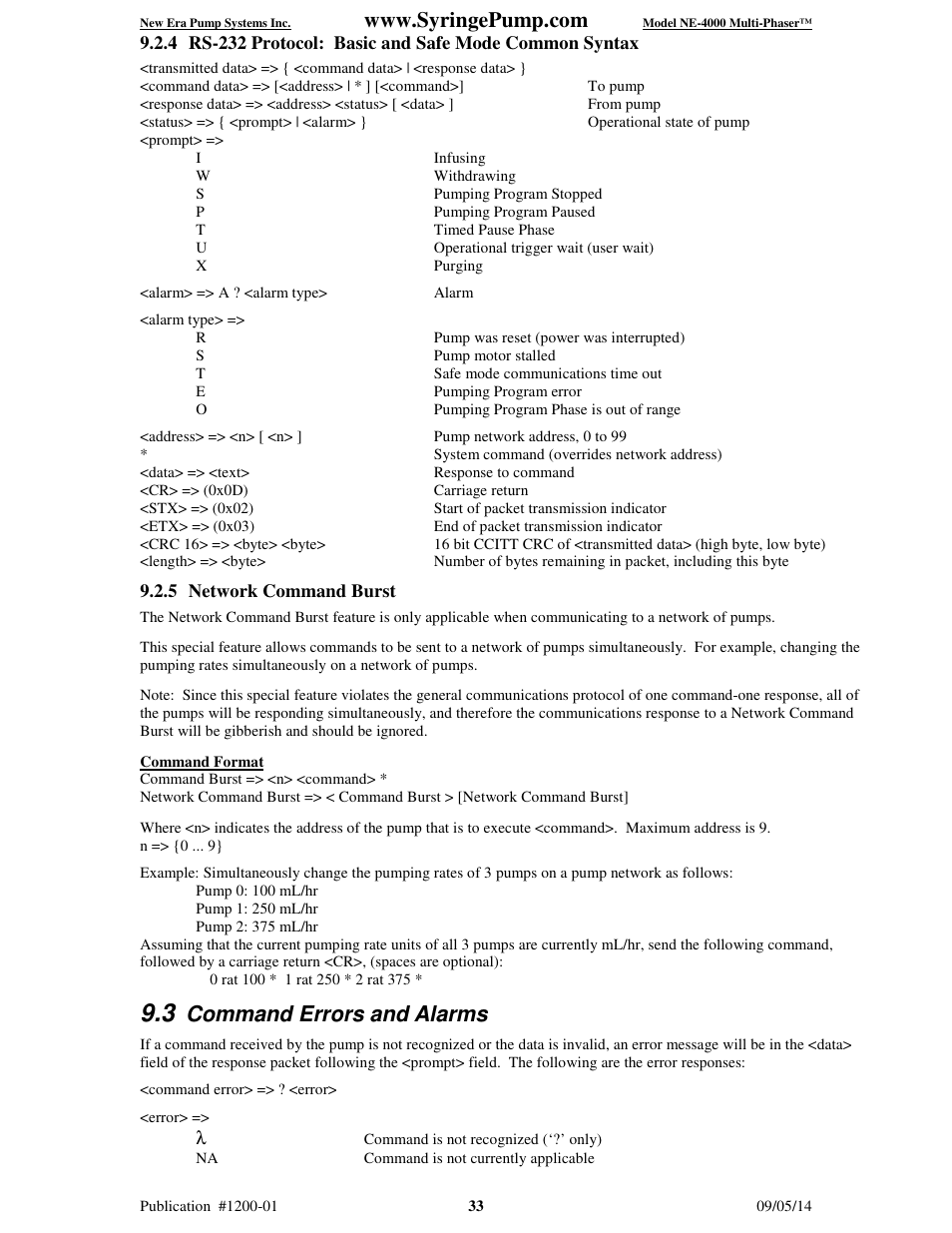 Command errors and alarms | New Era NE-4000 Multi-Phaser Programmable Double Syringe User Manual | Page 38 / 53