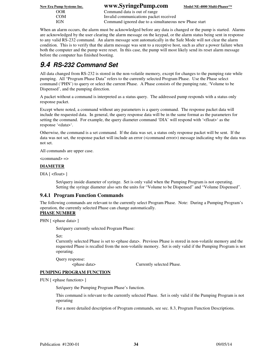 Rs-232 command set | New Era NE-4000 Multi-Phaser Programmable Double Syringe User Manual | Page 39 / 53