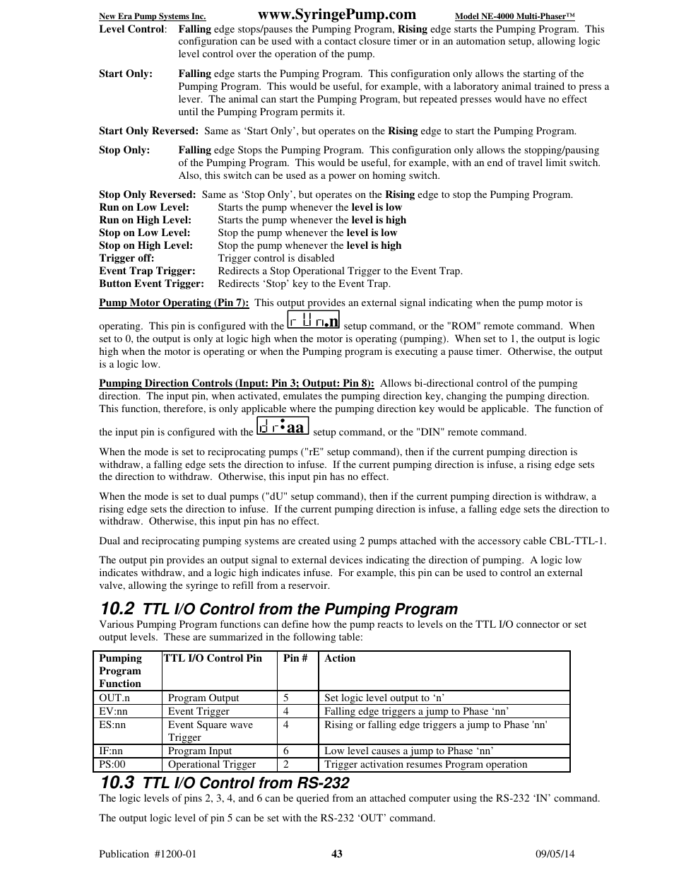 Ttl i/o control from the pumping program, Ttl i/o control from rs-232 | New Era NE-4000 Multi-Phaser Programmable Double Syringe User Manual | Page 48 / 53