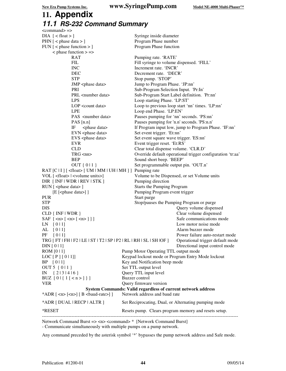 Appendix, Rs-232 command summary | New Era NE-4000 Multi-Phaser Programmable Double Syringe User Manual | Page 49 / 53
