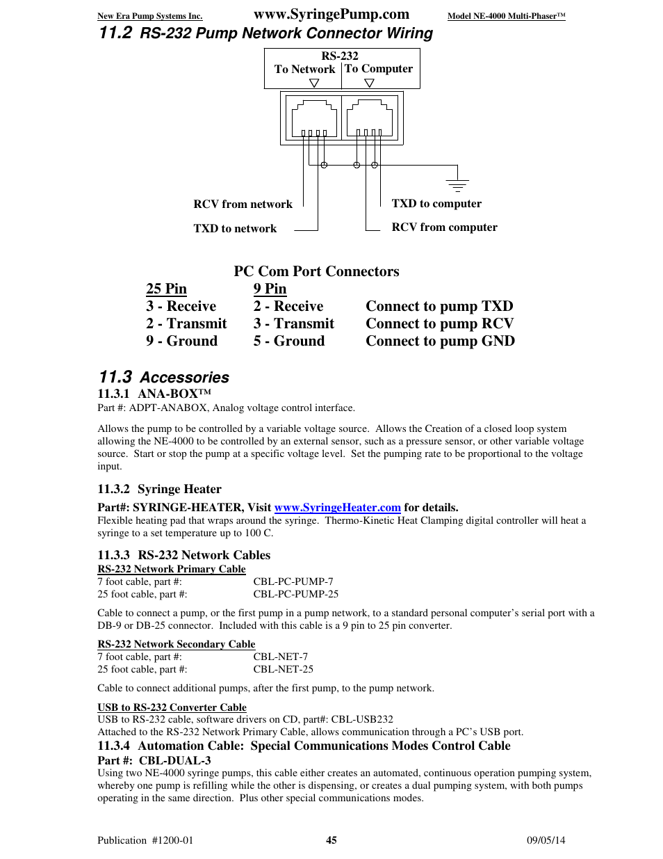 Rs-232 pump network connector wiring, Accessories | New Era NE-4000 Multi-Phaser Programmable Double Syringe User Manual | Page 50 / 53