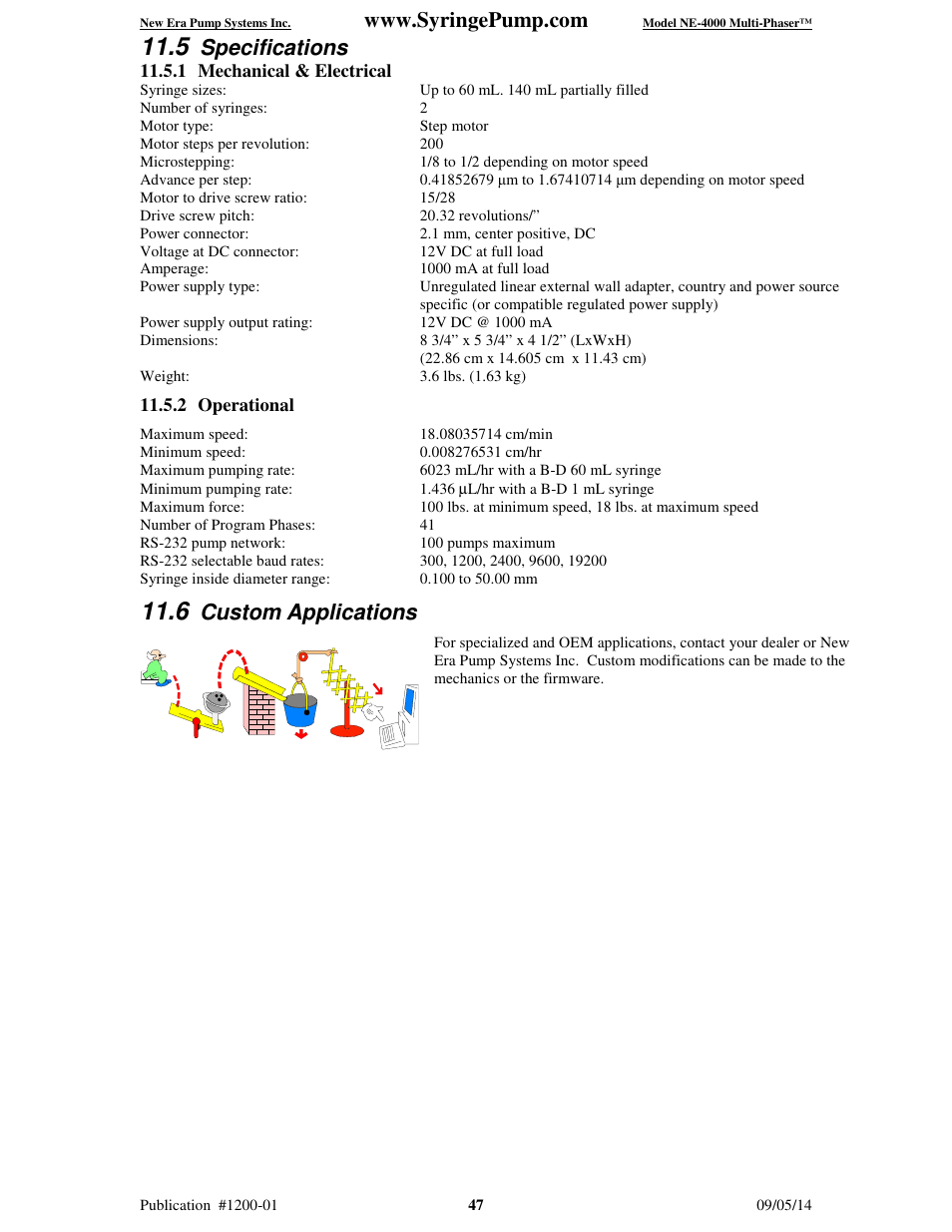Specifications, Custom applications | New Era NE-4000 Multi-Phaser Programmable Double Syringe User Manual | Page 52 / 53