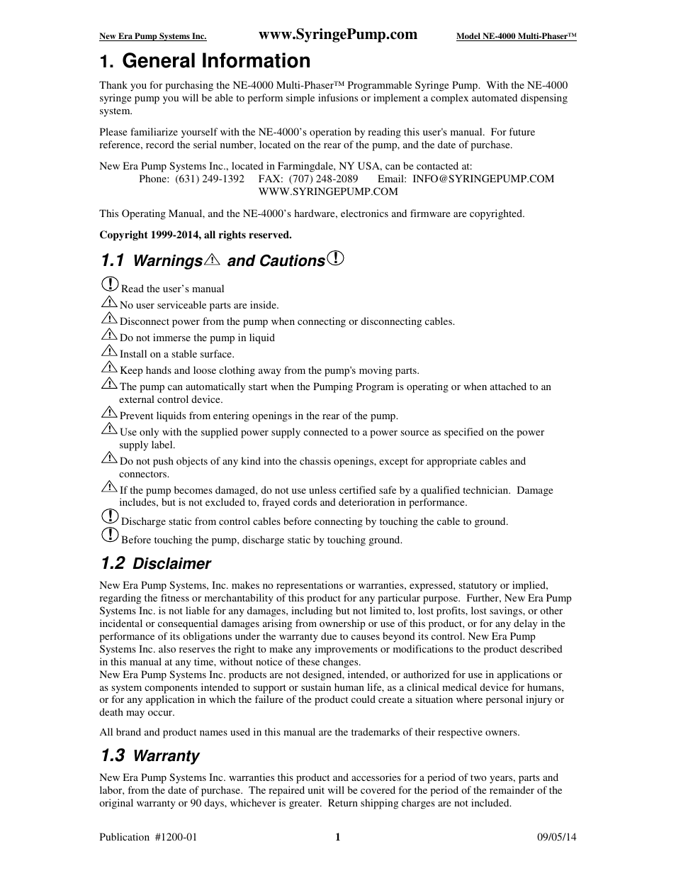General information, Warnings, And cautions | Disclaimer, Warranty | New Era NE-4000 Multi-Phaser Programmable Double Syringe User Manual | Page 6 / 53