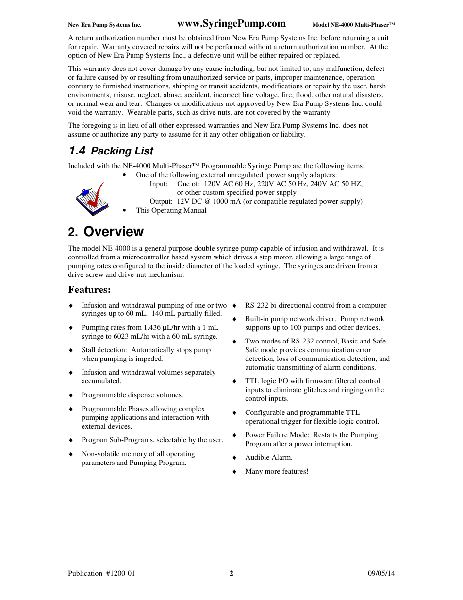 Overview, Packing list, Features | New Era NE-4000 Multi-Phaser Programmable Double Syringe User Manual | Page 7 / 53