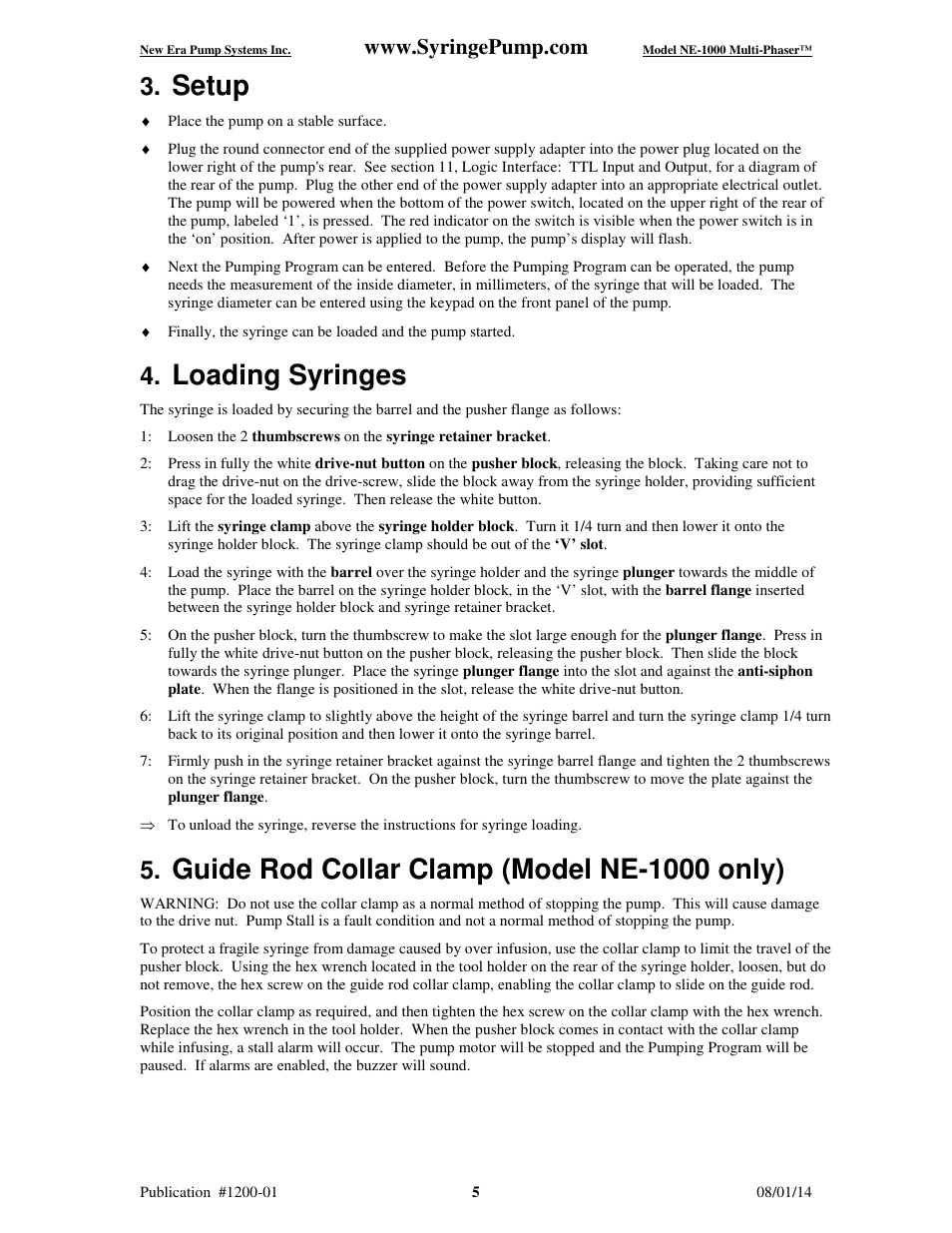 Setup, Loading syringes, Guide rod collar clamp (model ne-1000 only) | New Era NE-1000 Multi-Phaser Programmable Syringe User Manual | Page 10 / 54