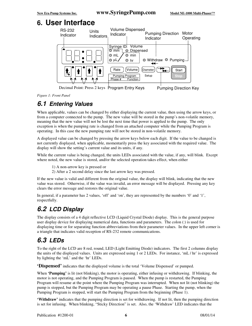 User interface, Entering values, Lcd display | Leds | New Era NE-1000 Multi-Phaser Programmable Syringe User Manual | Page 11 / 54