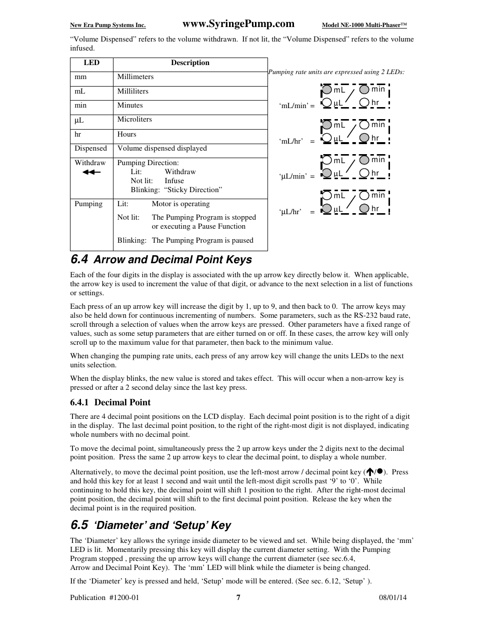 Arrow and decimal point keys, Diameter’ and ‘setup’ key | New Era NE-1000 Multi-Phaser Programmable Syringe User Manual | Page 12 / 54