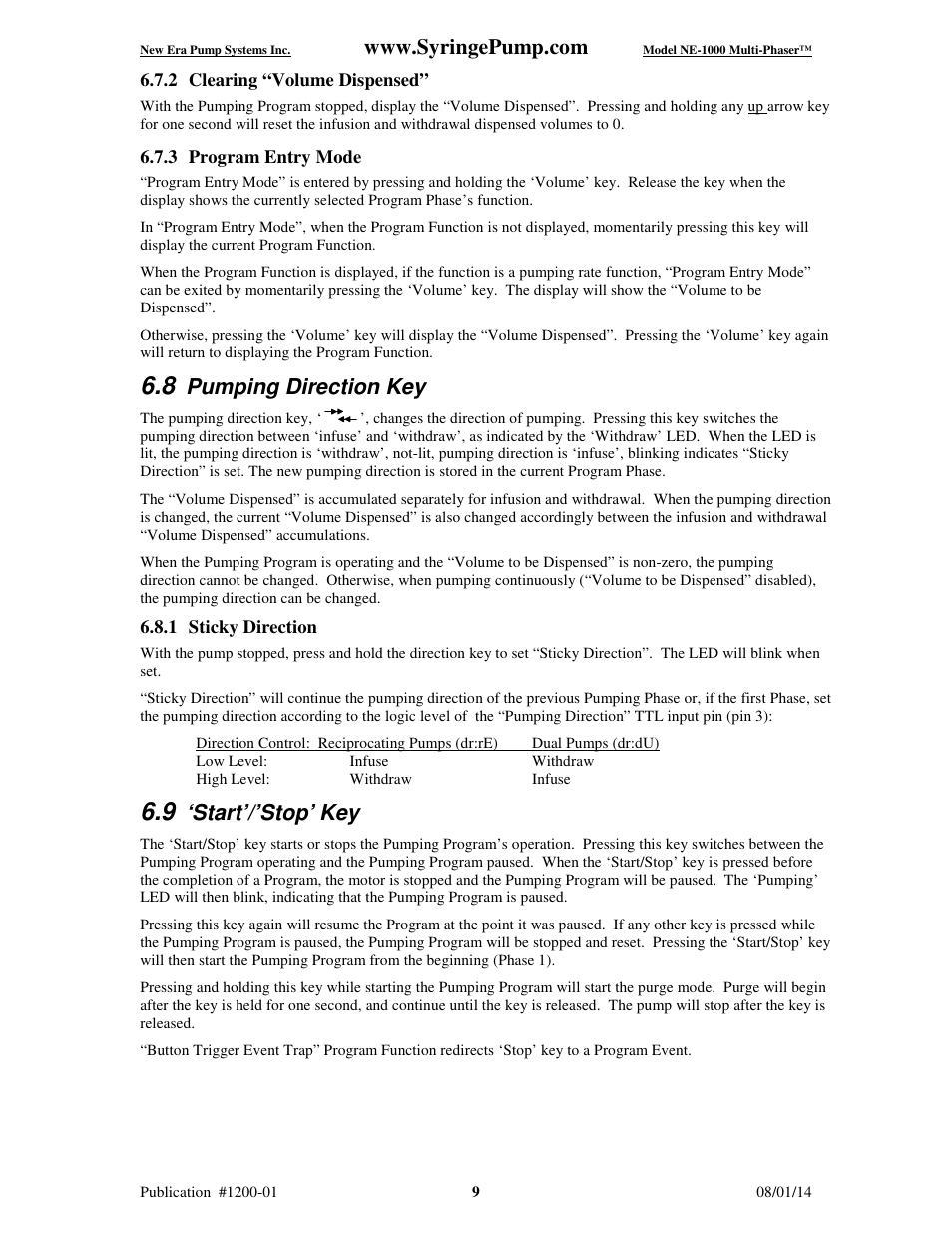 Pumping direction key, Start’/’stop’ key | New Era NE-1000 Multi-Phaser Programmable Syringe User Manual | Page 14 / 54