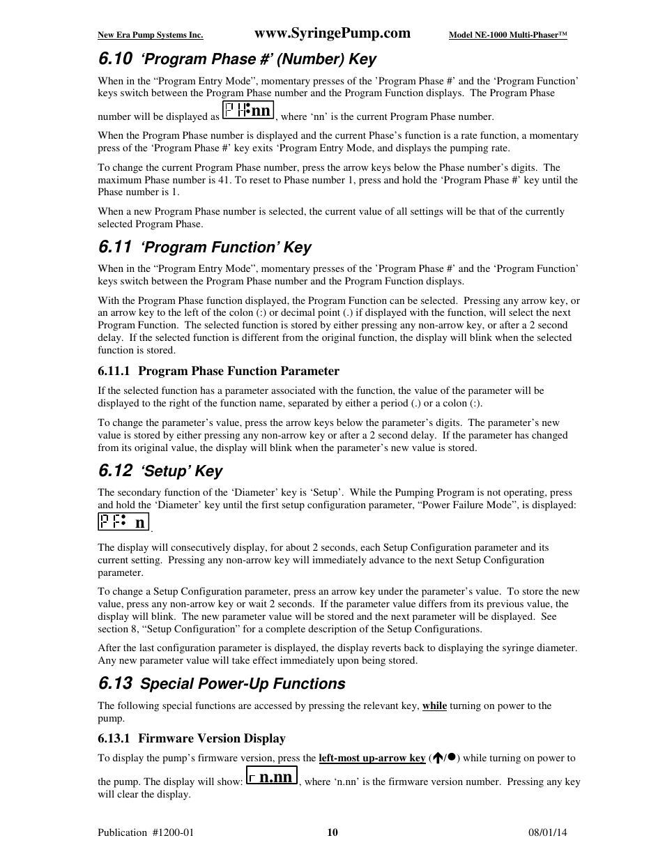 N.nn, Program phase #’ (number) key, Program function’ key | Setup’ key, Special power-up functions | New Era NE-1000 Multi-Phaser Programmable Syringe User Manual | Page 15 / 54