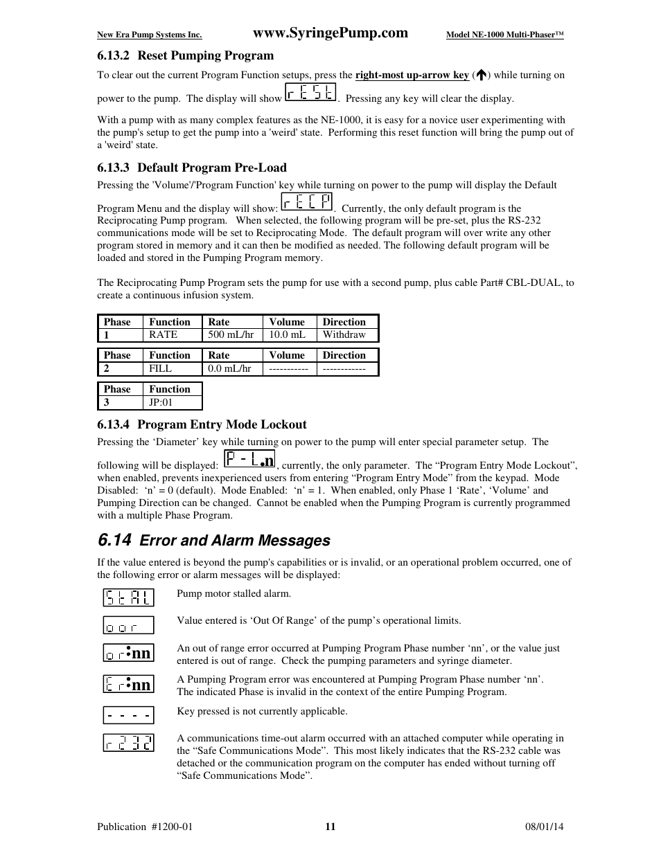 Error and alarm messages | New Era NE-1000 Multi-Phaser Programmable Syringe User Manual | Page 16 / 54
