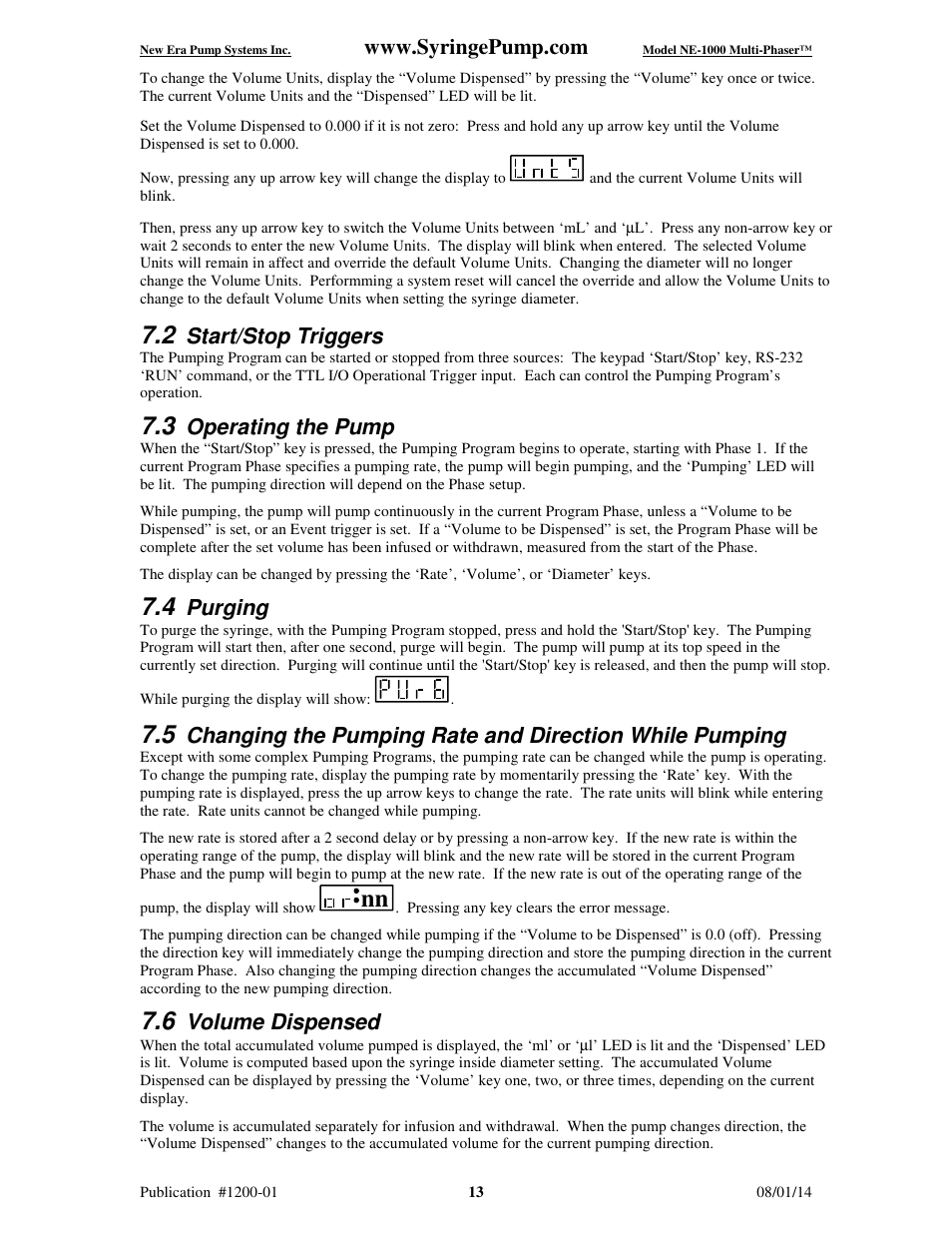 Start/stop triggers, Operating the pump, Purging | Volume dispensed | New Era NE-1000 Multi-Phaser Programmable Syringe User Manual | Page 18 / 54