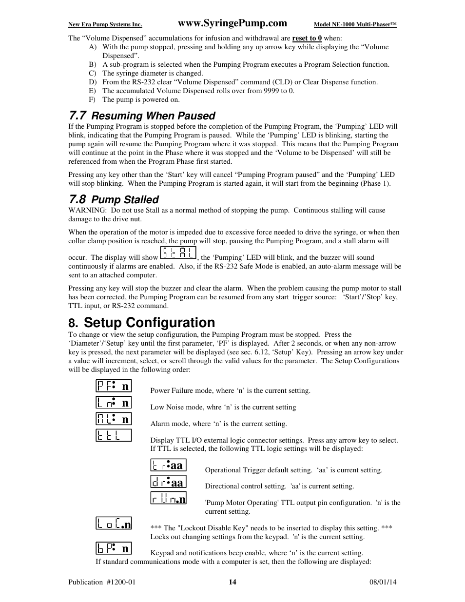 Setup configuration, Resuming when paused, Pump stalled | New Era NE-1000 Multi-Phaser Programmable Syringe User Manual | Page 19 / 54