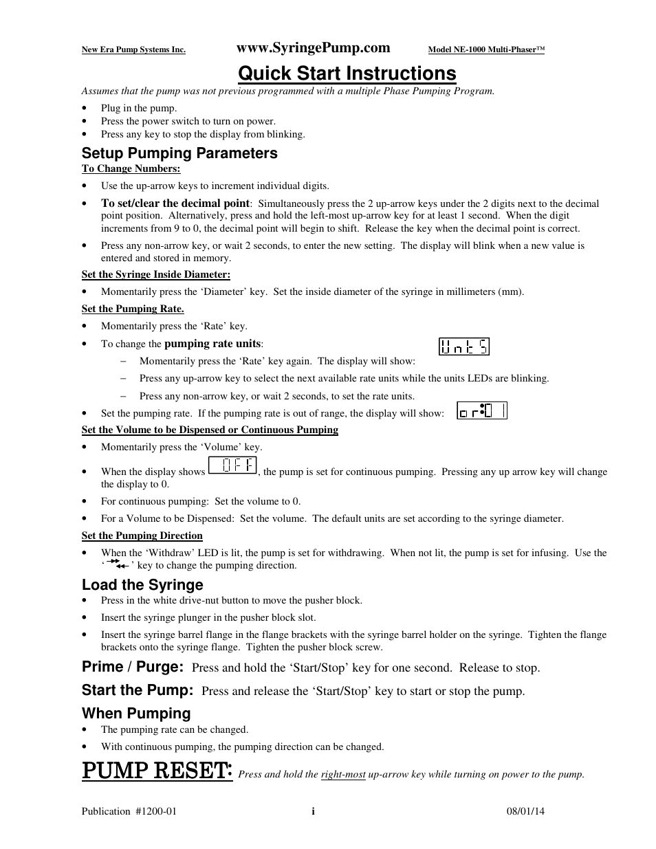 Pump reset, Quick start instructions, Setup pumping parameters | Load the syringe, Prime / purge, Start the pump, When pumping | New Era NE-1000 Multi-Phaser Programmable Syringe User Manual | Page 2 / 54