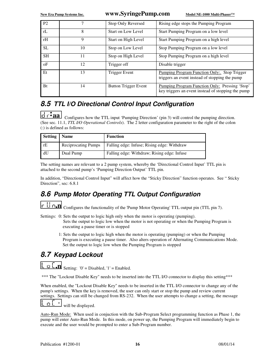 Ttl i/o directional control input configuration, Pump motor operating ttl output configuration, Keypad lockout | New Era NE-1000 Multi-Phaser Programmable Syringe User Manual | Page 21 / 54