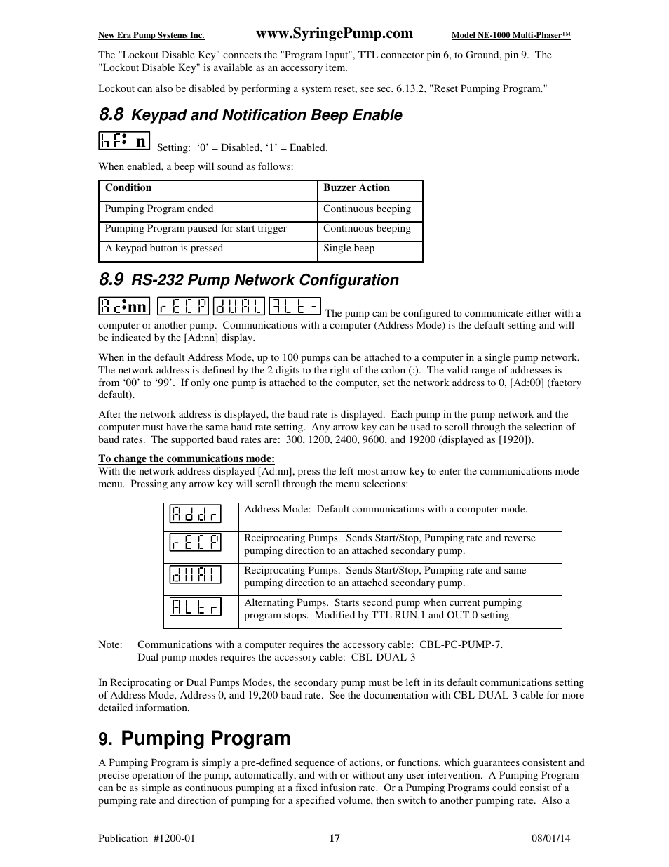 Pumping program, Keypad and notification beep enable, Rs-232 pump network configuration | New Era NE-1000 Multi-Phaser Programmable Syringe User Manual | Page 22 / 54