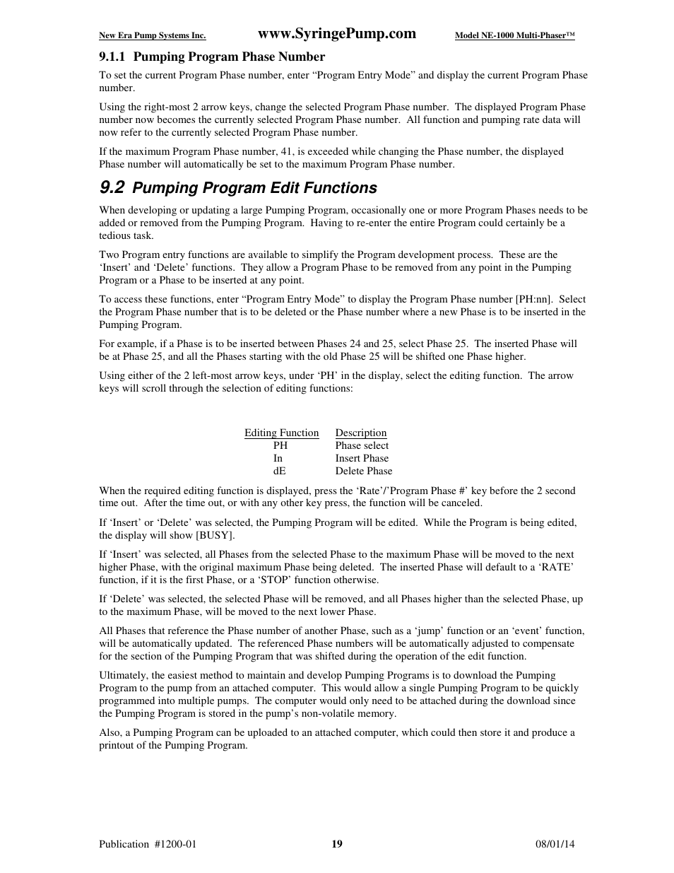 Pumping program edit functions | New Era NE-1000 Multi-Phaser Programmable Syringe User Manual | Page 24 / 54