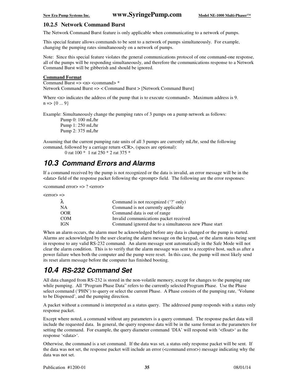 Command errors and alarms, Rs-232 command set | New Era NE-1000 Multi-Phaser Programmable Syringe User Manual | Page 40 / 54