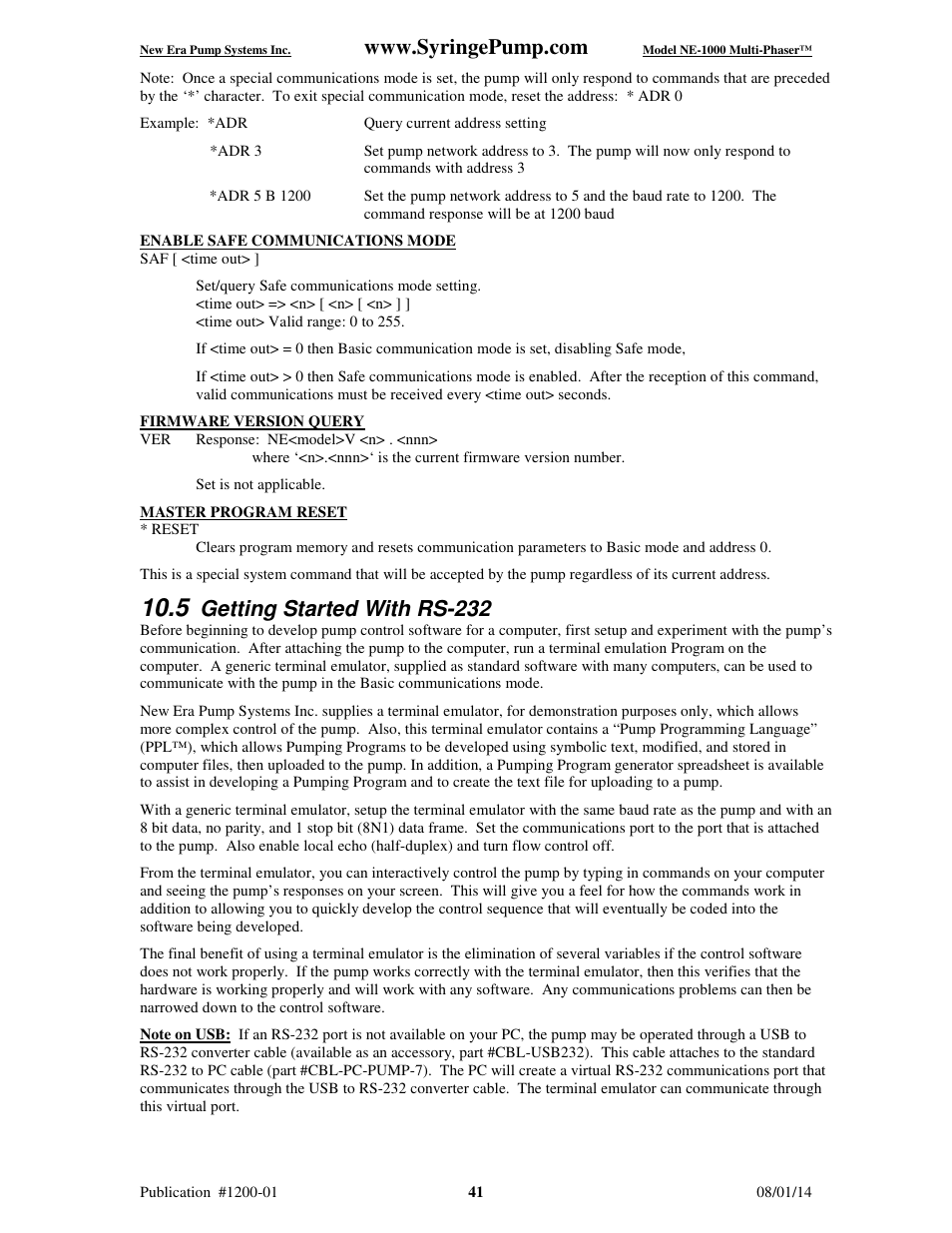 Getting started with rs-232 | New Era NE-1000 Multi-Phaser Programmable Syringe User Manual | Page 46 / 54