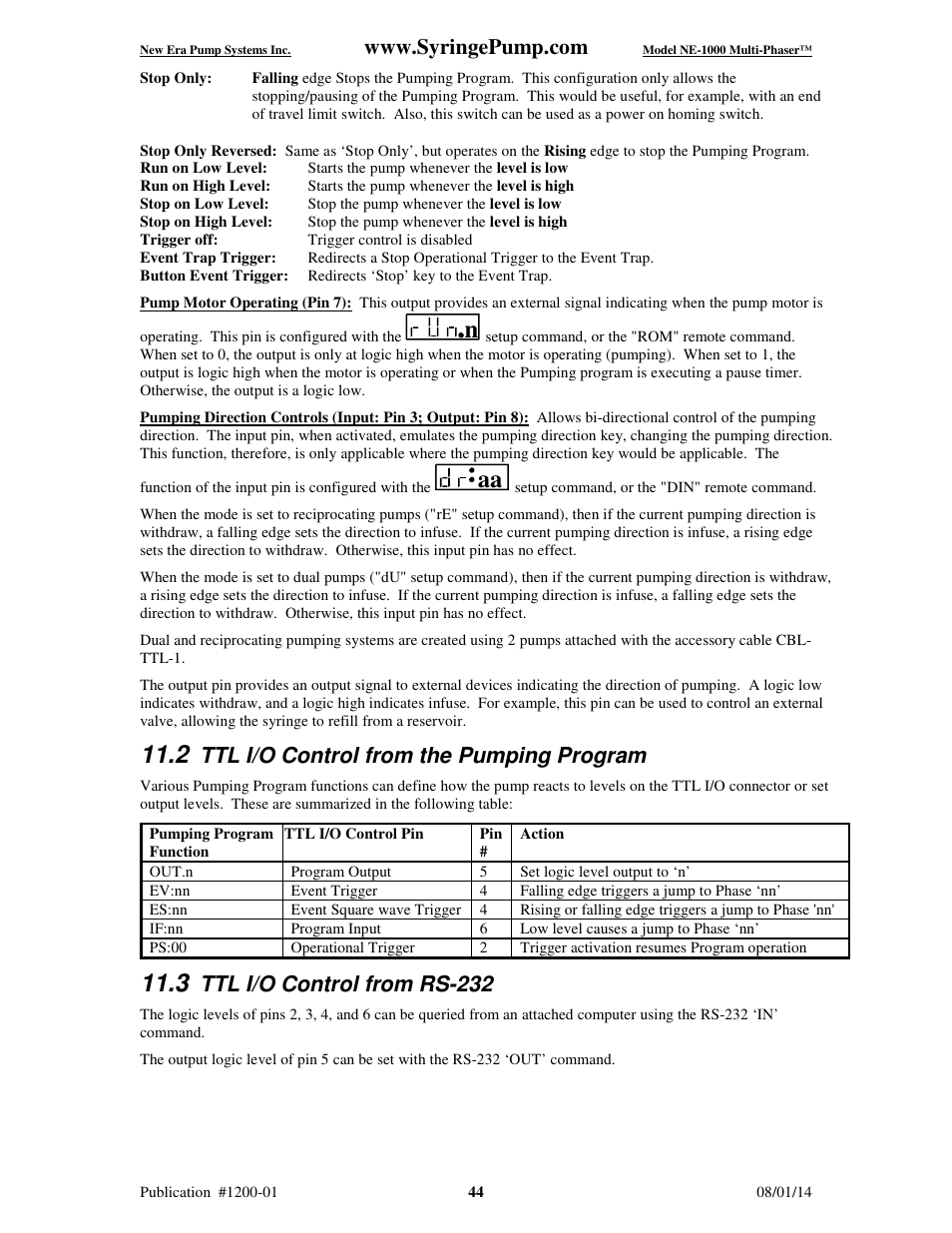 Ttl i/o control from the pumping program, Ttl i/o control from rs-232 | New Era NE-1000 Multi-Phaser Programmable Syringe User Manual | Page 49 / 54