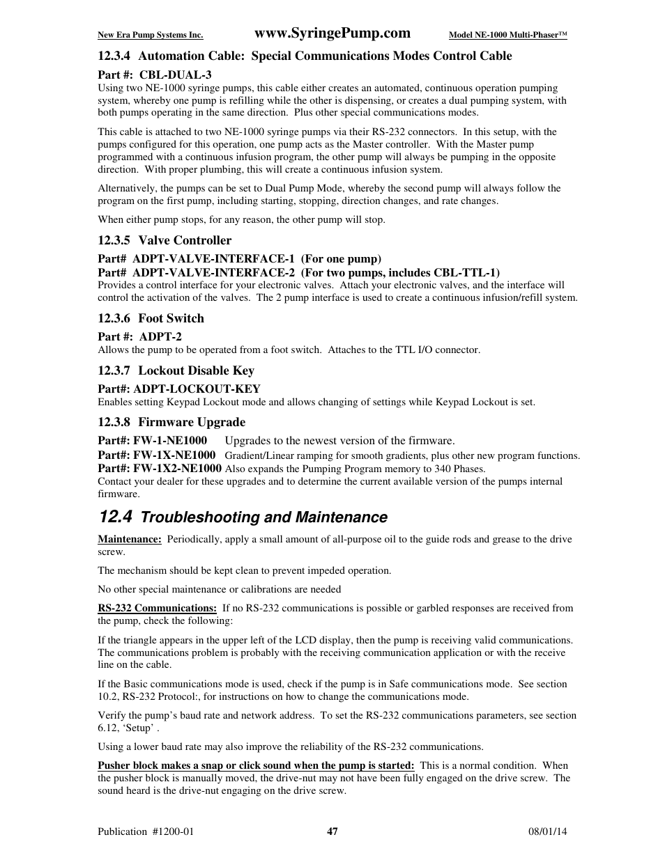 Troubleshooting and maintenance | New Era NE-1000 Multi-Phaser Programmable Syringe User Manual | Page 52 / 54