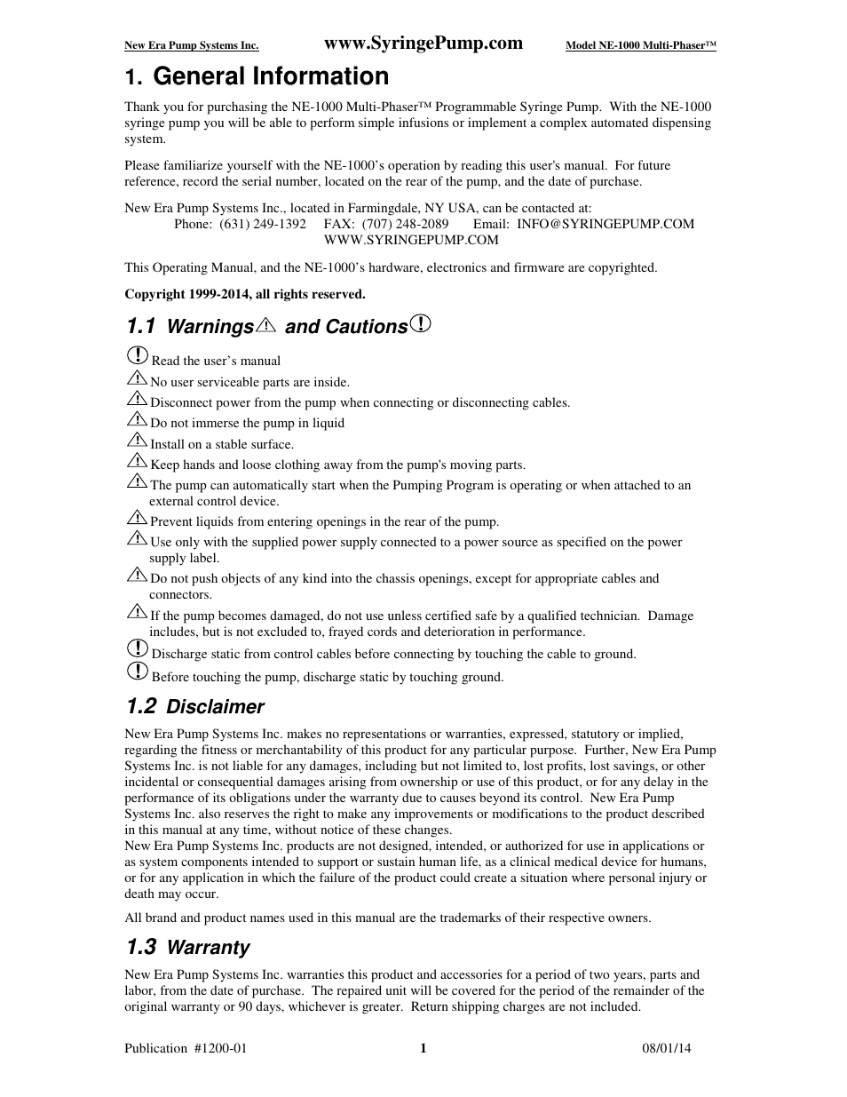 General information, Warnings, And cautions | Disclaimer, Warranty | New Era NE-1000 Multi-Phaser Programmable Syringe User Manual | Page 6 / 54