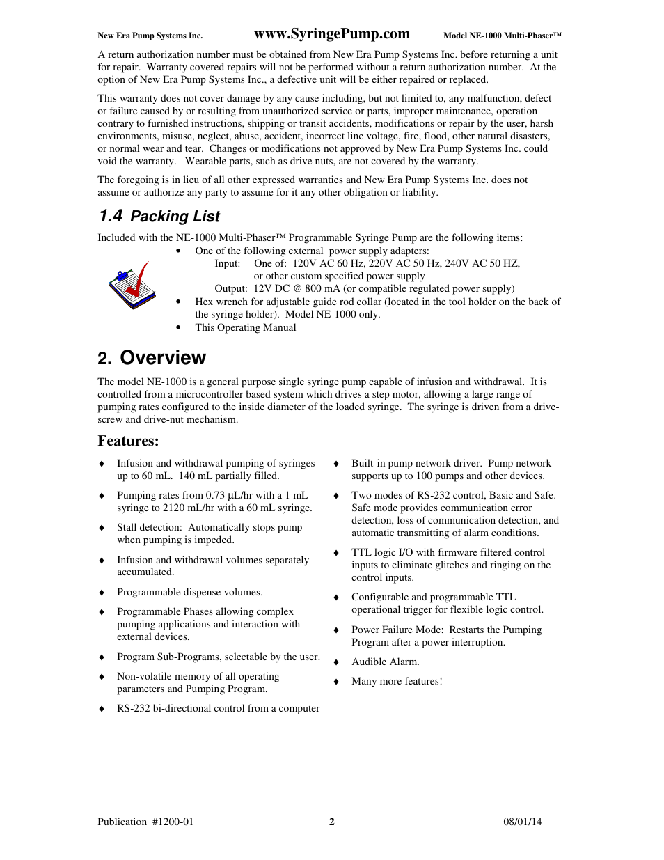 Overview, Packing list, Features | New Era NE-1000 Multi-Phaser Programmable Syringe User Manual | Page 7 / 54
