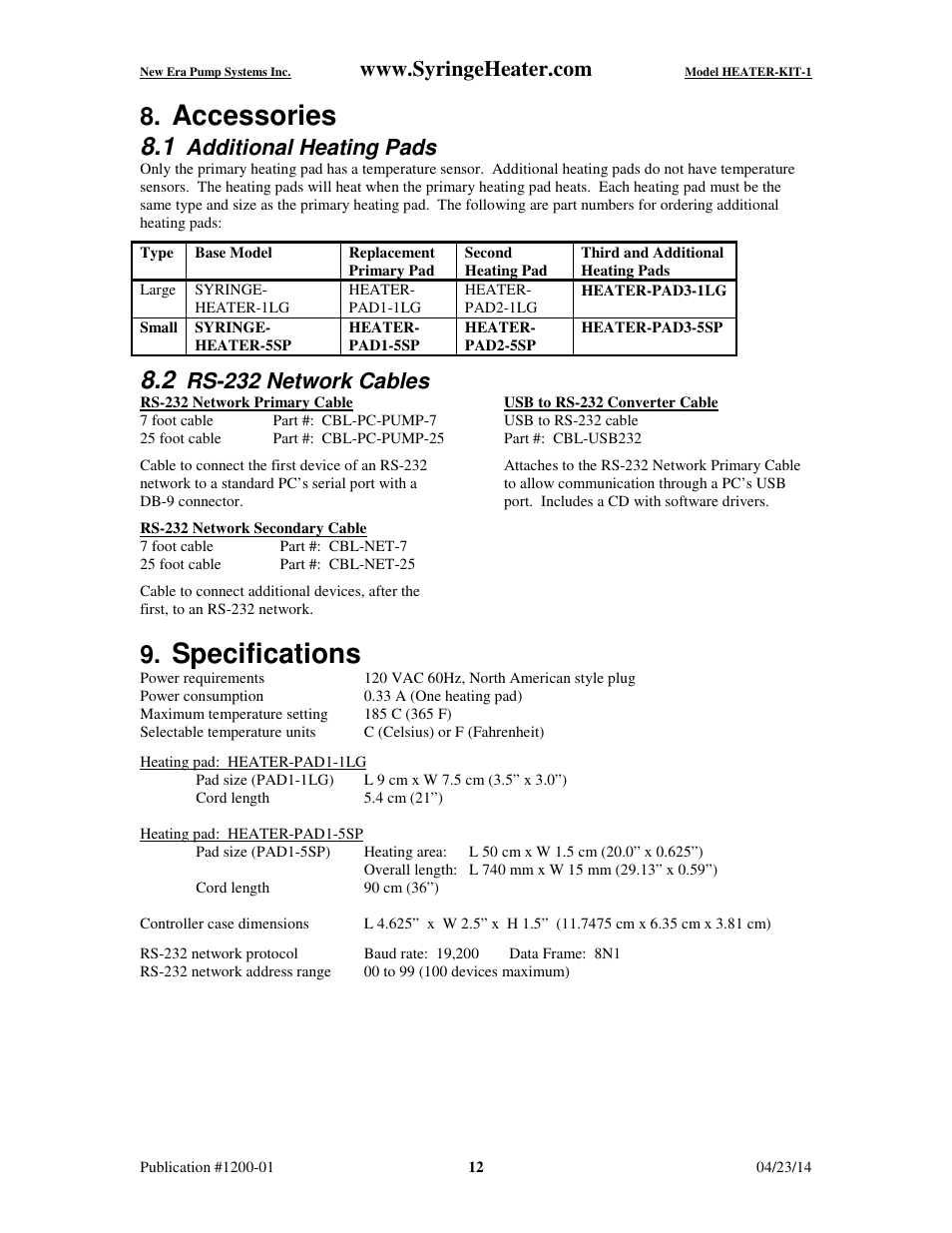 Accessories, Specifications, Additional heating pads | Rs-232 network cables | New Era HEATER-KIT-1LG Syringe Heater User Manual | Page 13 / 13