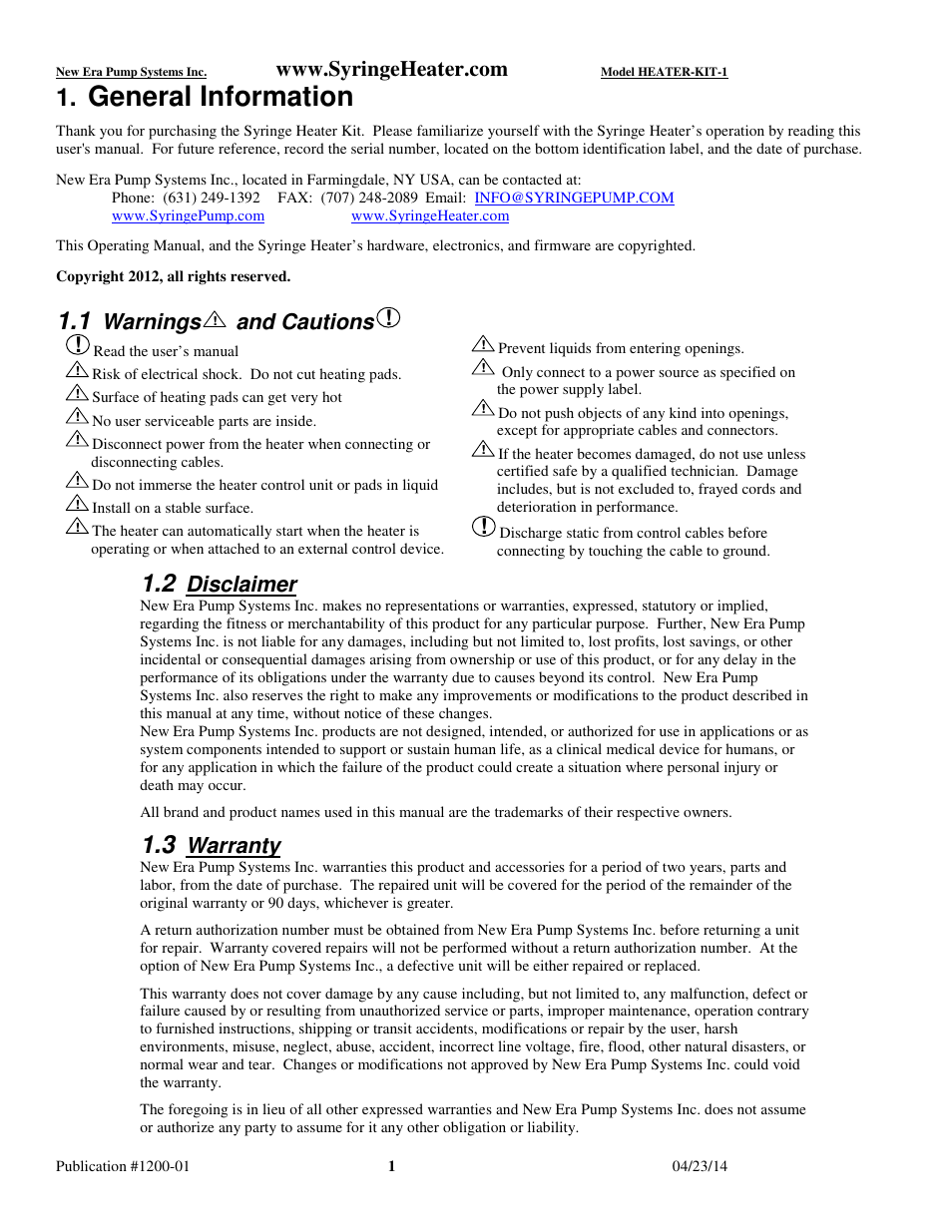 General information, Warnings, And cautions | Disclaimer, Warranty | New Era HEATER-KIT-1LG Syringe Heater User Manual | Page 2 / 13