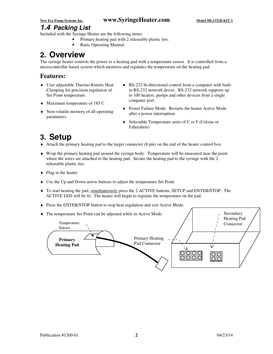 Overview, Setup, Packing list | Features | New Era HEATER-KIT-1LG Syringe Heater User Manual | Page 3 / 13