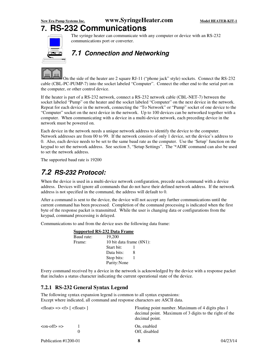 Rs-232 communications, Connection and networking, Rs-232 protocol | New Era HEATER-KIT-1LG Syringe Heater User Manual | Page 9 / 13