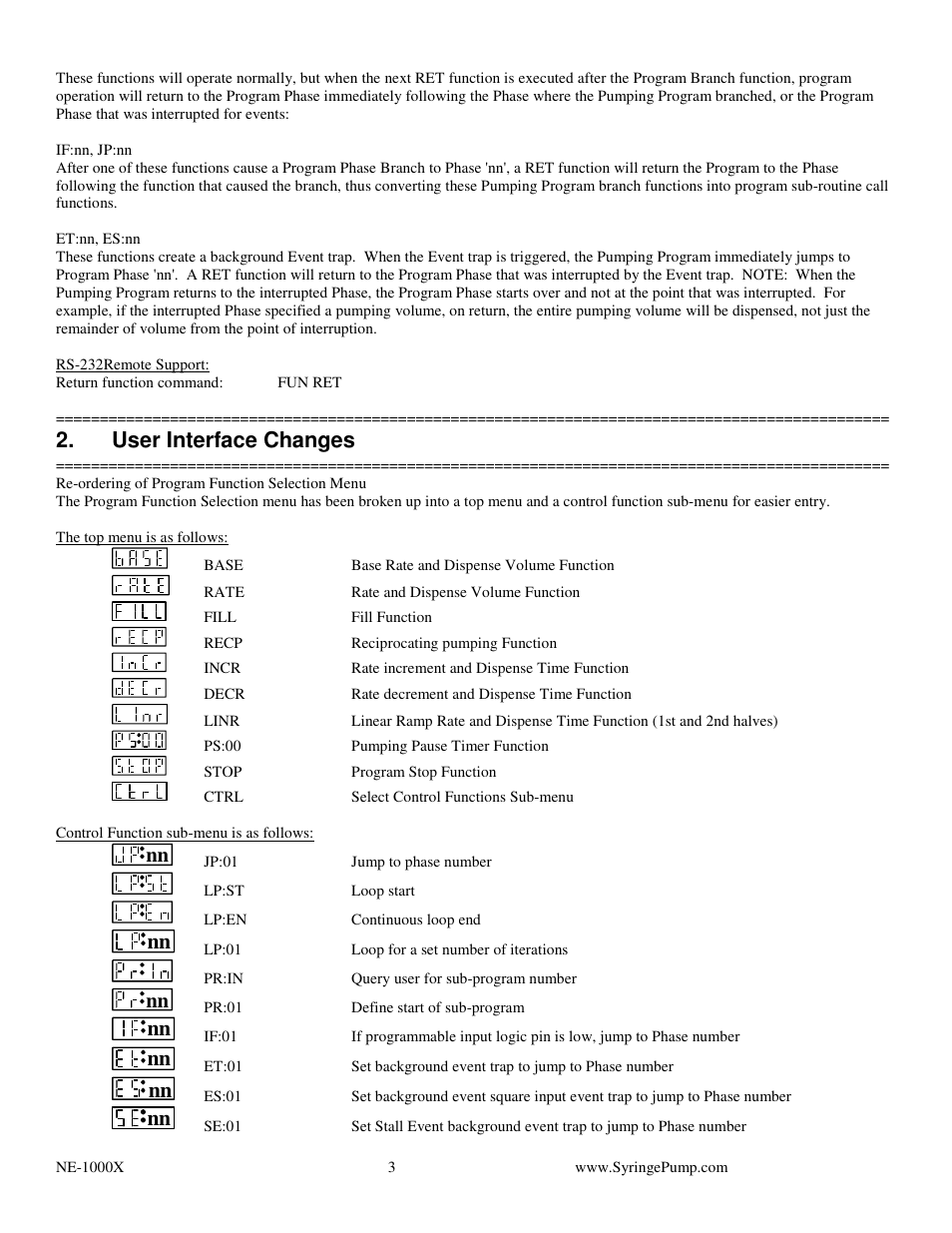 User interface changes | New Era FW-1-X FIRMWARE UPGRADE NE-1000X FAMILY OF SYRINGE PUMPS User Manual | Page 3 / 9