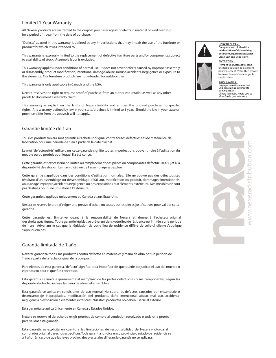 W.n ex er adist ribution. com, Garantie limitée de 1 an, Garantia limitada de 1 año | Limited 1 year warranty | Nexera Allure Collection - Desk (221833) User Manual | Page 8 / 8