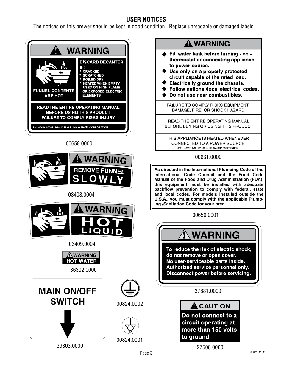 Main on/off switch, User notices | Bunn Dual TF DBC With Smart Funnel DUAL068000 User Manual | Page 3 / 10