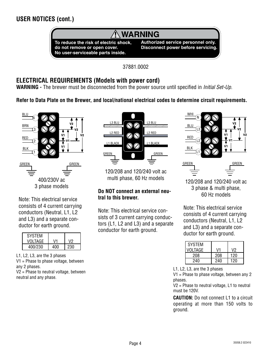 Electrical requirements (models with power cord), User notices (cont.) | Bunn Dual TF DBC With Smart Funnel DUAL068000 User Manual | Page 4 / 10