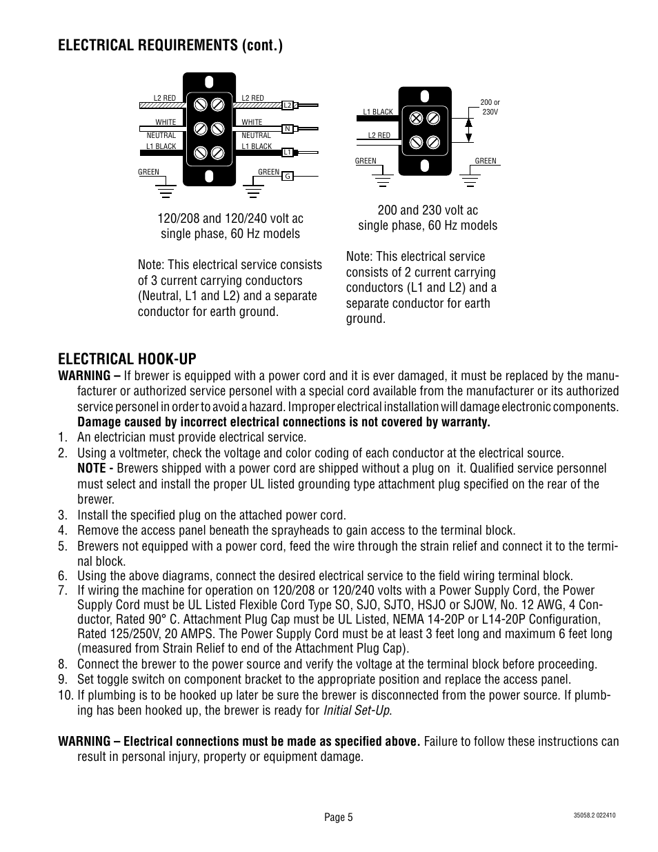 Electrical requirements (cont.), Electrical hook-up | Bunn Dual TF DBC With Smart Funnel DUAL068000 User Manual | Page 5 / 10