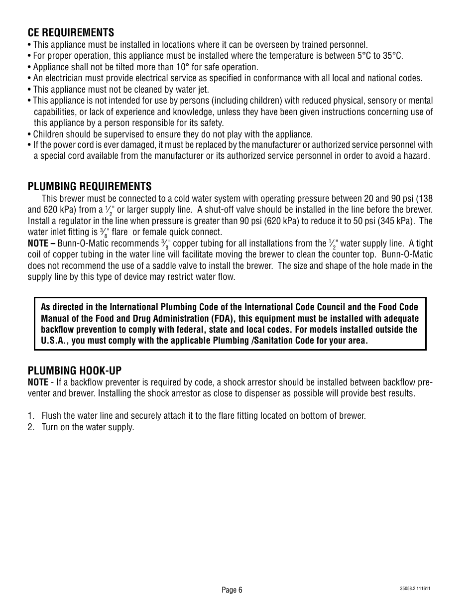 Plumbing requirements, Plumbing hook-up, Ce requirements | Bunn Dual TF DBC With Smart Funnel DUAL068000 User Manual | Page 6 / 10