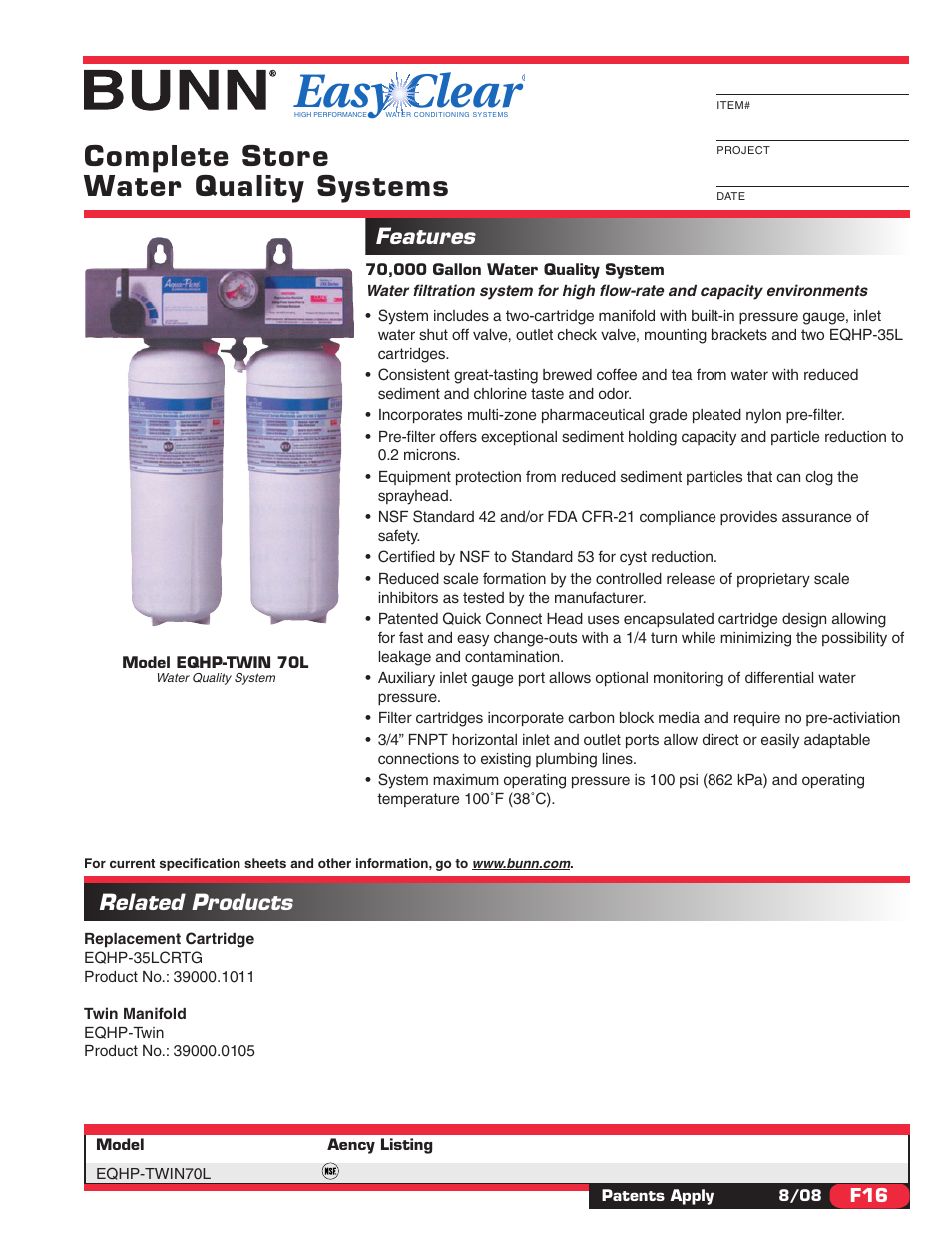 Bunn Complete Store Water Quality Systems EQHP-TWIN 70L User Manual | 2 pages