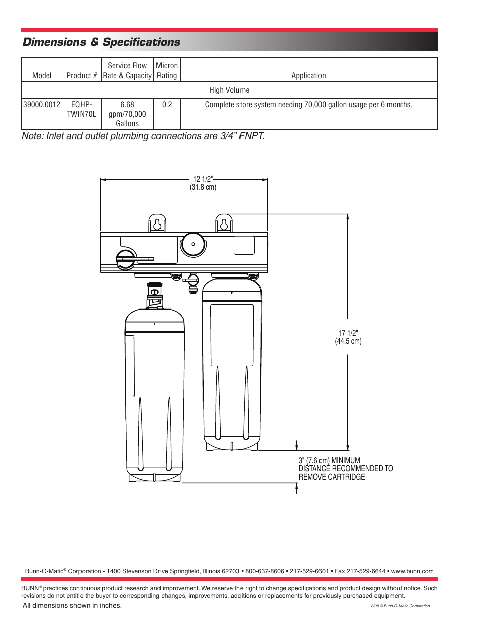 Dimensions & specifications | Bunn Complete Store Water Quality Systems EQHP-TWIN 70L User Manual | Page 2 / 2