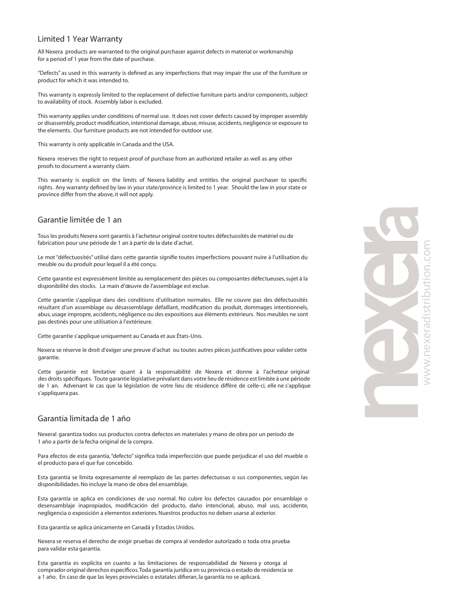 W.n ex er adist ribution. com, Garantie limitée de 1 an, Garantia limitada de 1 año | Limited 1 year warranty | Nexera Taxi Collection - 2-Drawer Chest + Trunk (330438) User Manual | Page 12 / 12