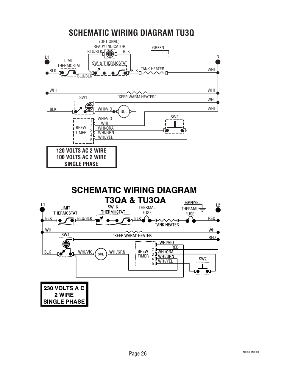 Schematic wiring diagram tu3q, Page 26 | Bunn TU3Q User Manual | Page 26 / 27