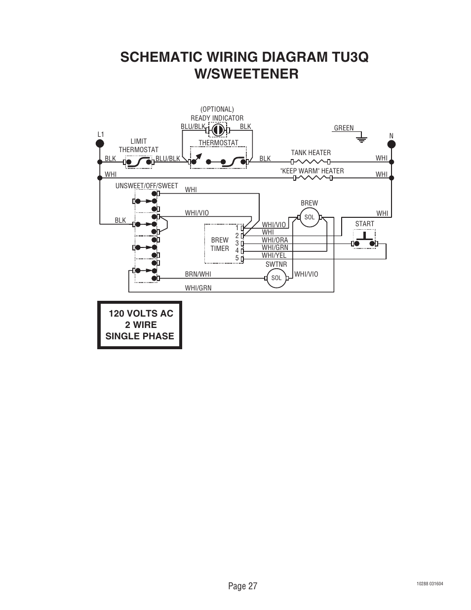 Schematic wiring diagram tu3q w/sweetener | Bunn TU3Q User Manual | Page 27 / 27