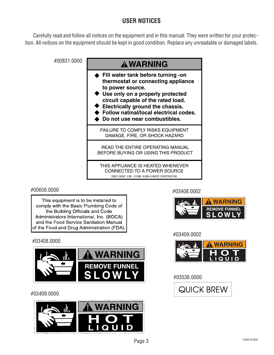 Warning, User notices | Bunn TU3Q User Manual | Page 3 / 27